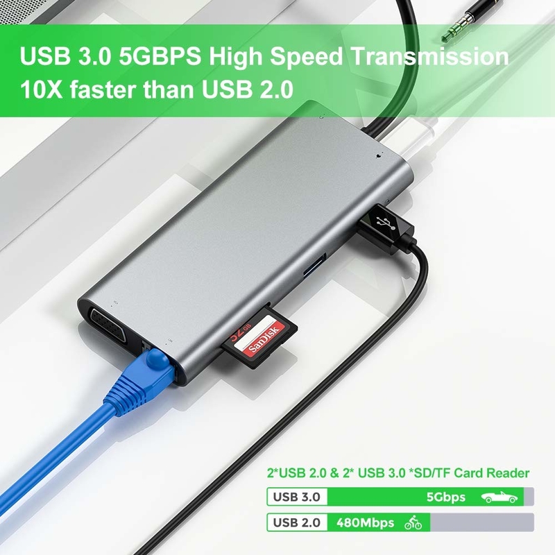 11 ports 11 en 1 Hub USB de type C 10 Gbps Station d'accueil USB C Plug and Play Intégration logicielle