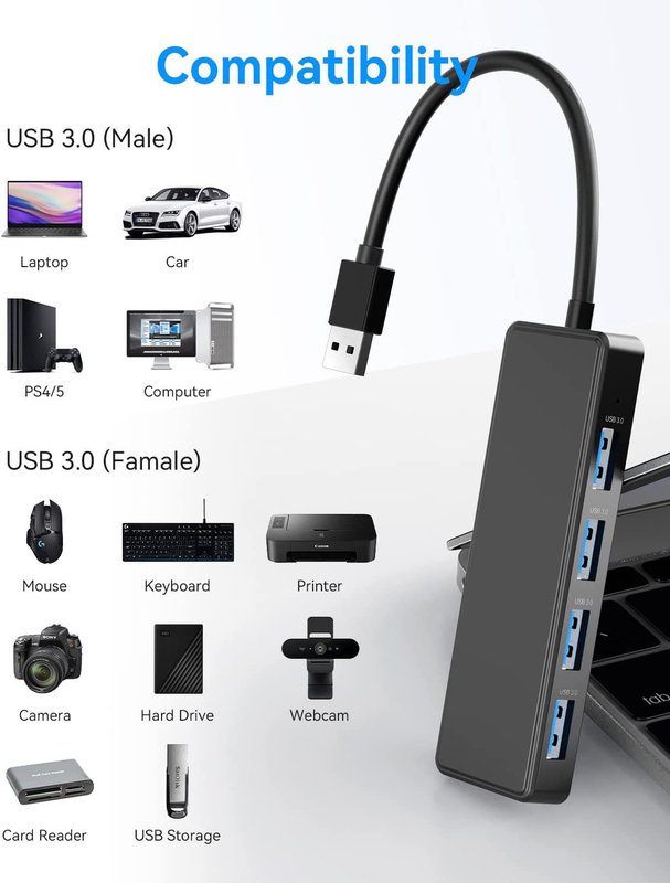 4 6 7 Port USB 3.0 Hub pour ordinateur portable USB A Splitter avec câble étendu Port d'alimentation USB C