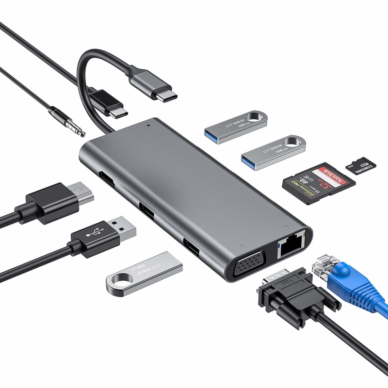 11 en 1 Type-C Hub Multiport Dock Station avec USB3.0 PD SD/TF 4K HDMI VGA RJ45 Adaptateur