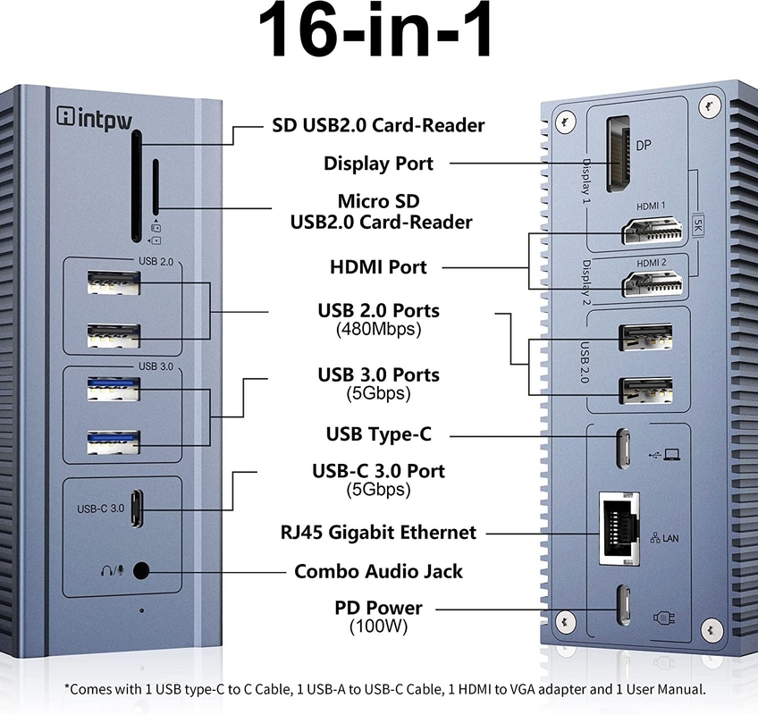 16 en 1 Gigabit Ethernet Docking Station HDMI USB C 4K Vidéo de sortie de l'affichage