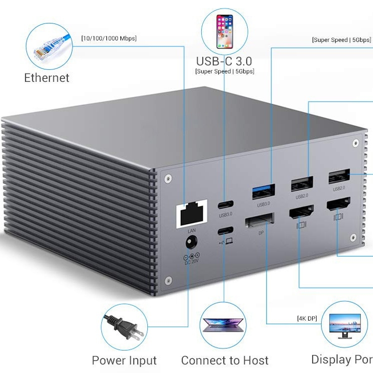 16 en 1 ordinateur de bureau USB C Station d'accueil Universal Windows MacOS 3,5 mm prise audio