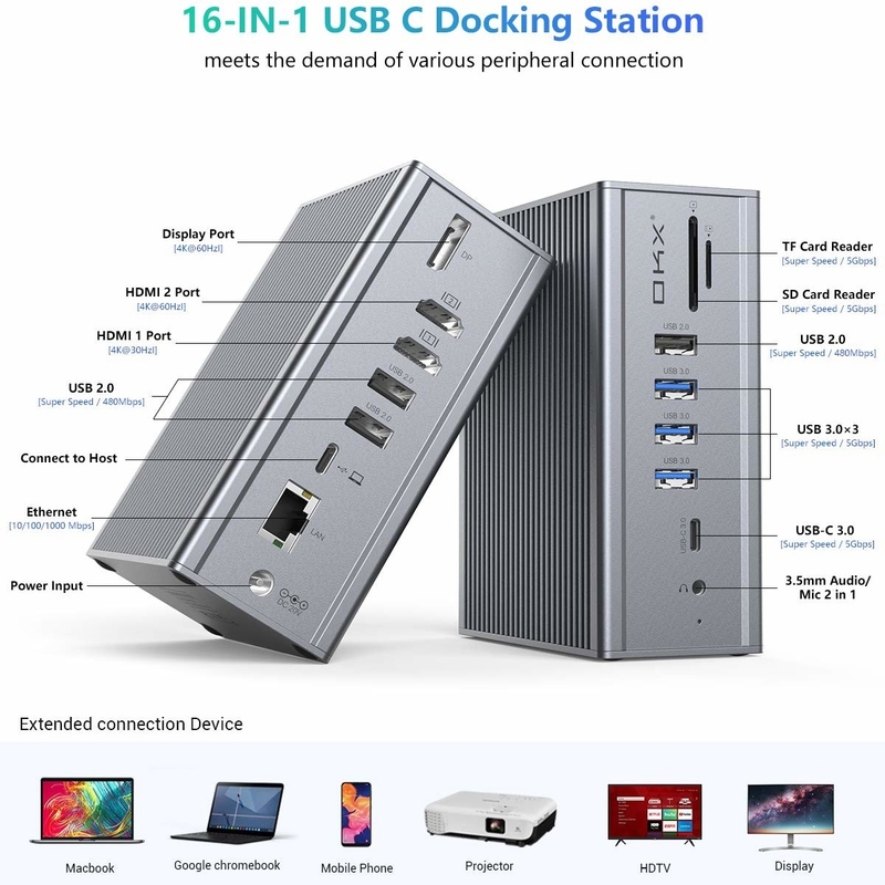 Station d'accueil 16 en 1 pour ordinateur portable adaptateur usb c gris Taux de transfert de données 10 Gbps Port d'affichage
