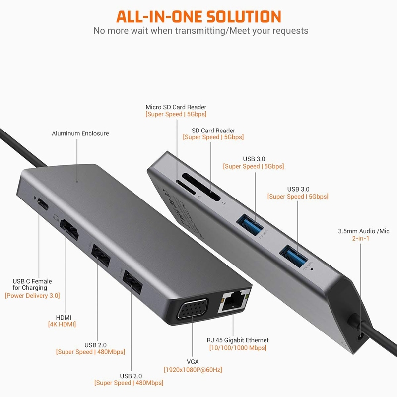 11 en 1 en aluminium Silver USB C Hub avec lecteur de carte SD audio jack 3,5 mm pour ordinateur portable Mac
