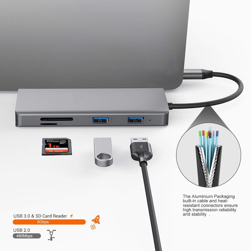 11 en 1 en aluminium Silver USB C Hub avec lecteur de carte SD audio jack 3,5 mm pour ordinateur portable Mac