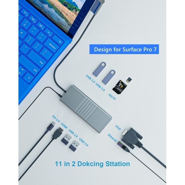 11 IN 2 USB C Hub PD 3.0 HDMI Technologie de liaison d'affichage Surface Pro 7 Station d'accueil du hub