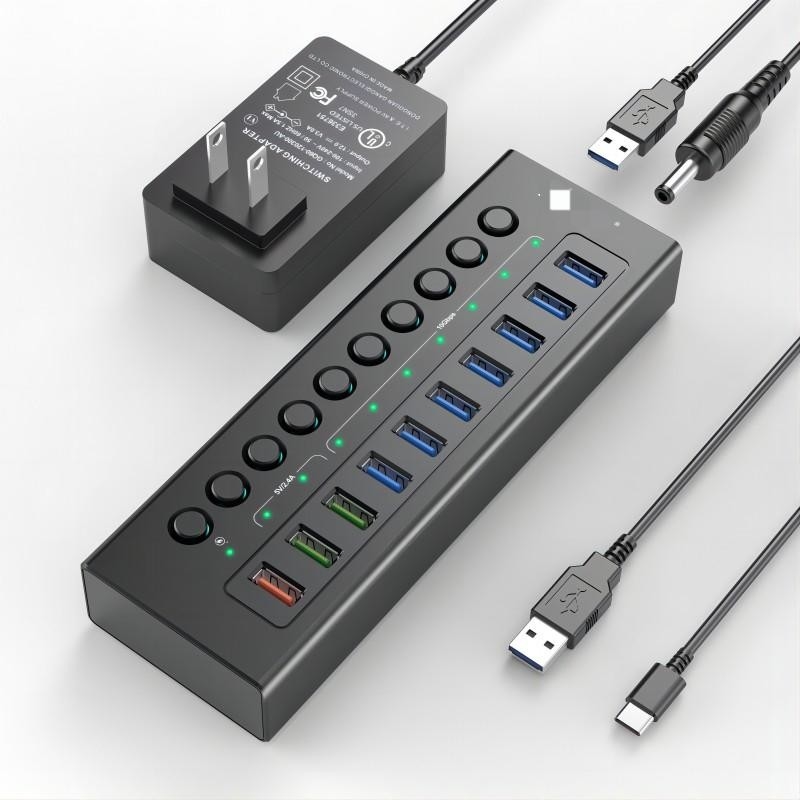 Multi-port Hub USB C 3.0 Station d'amarrage Splitter d'ordinateur portable Un port de charge intelligent Commutateurs individuels d'allumage et d'arrêt