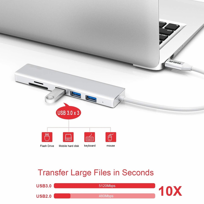 6 ports USB-C Hub Splitter USB-C Expander Adapteur portable USB Multiport Hub de données