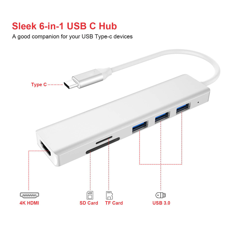 6 ports USB-C Hub Splitter USB-C Expander Adapteur portable USB Multiport Hub de données