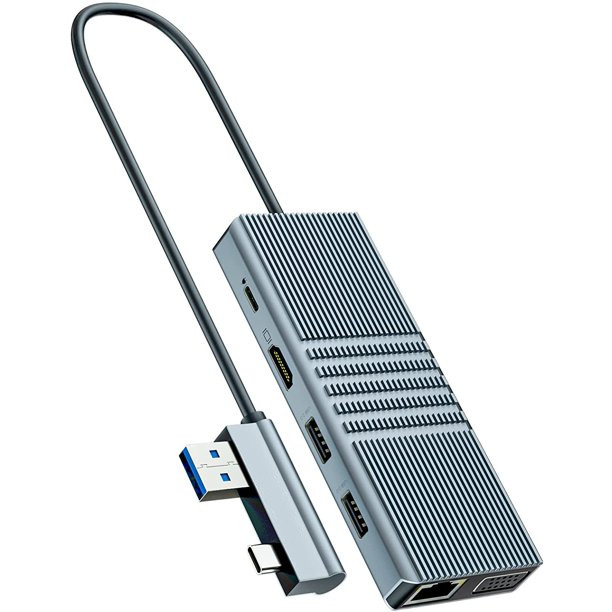 8 en 1 hub USB Rj45 station d'accueil double type C à RJ45 port/USB3.0/PD/H-D-M-I/carte