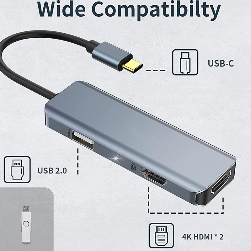 Dual HDMI USB C Dock Hub Aluminium Adapteur USB C Moniteur 3 en 1 Dongle Avec HDMI 4K