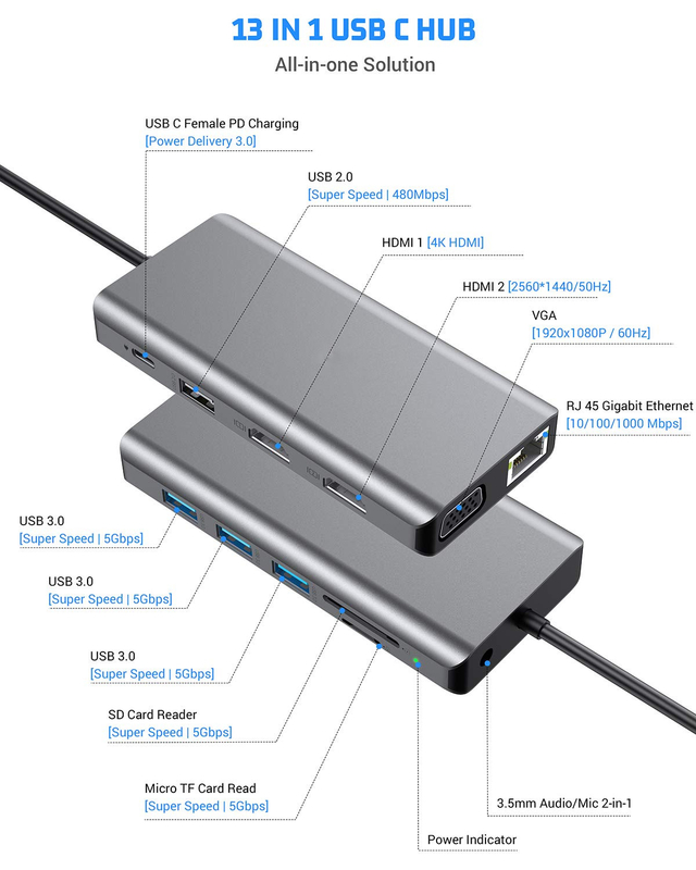 USB C 11 en 1 Multiport Dock Type C Triple USB 3.0 Carte TF Type-C Portable avec connexion USB-C