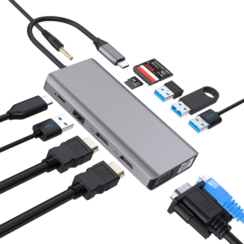 USB C 11 en 1 Multiport Dock Type C Triple USB 3.0 Carte TF Type-C Portable avec connexion USB-C