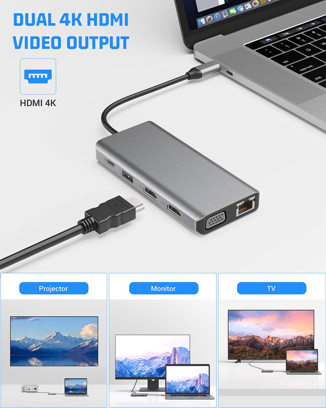 USB C 11 en 1 Multiport Dock Type C Triple USB 3.0 Carte TF Type-C Portable avec connexion USB-C