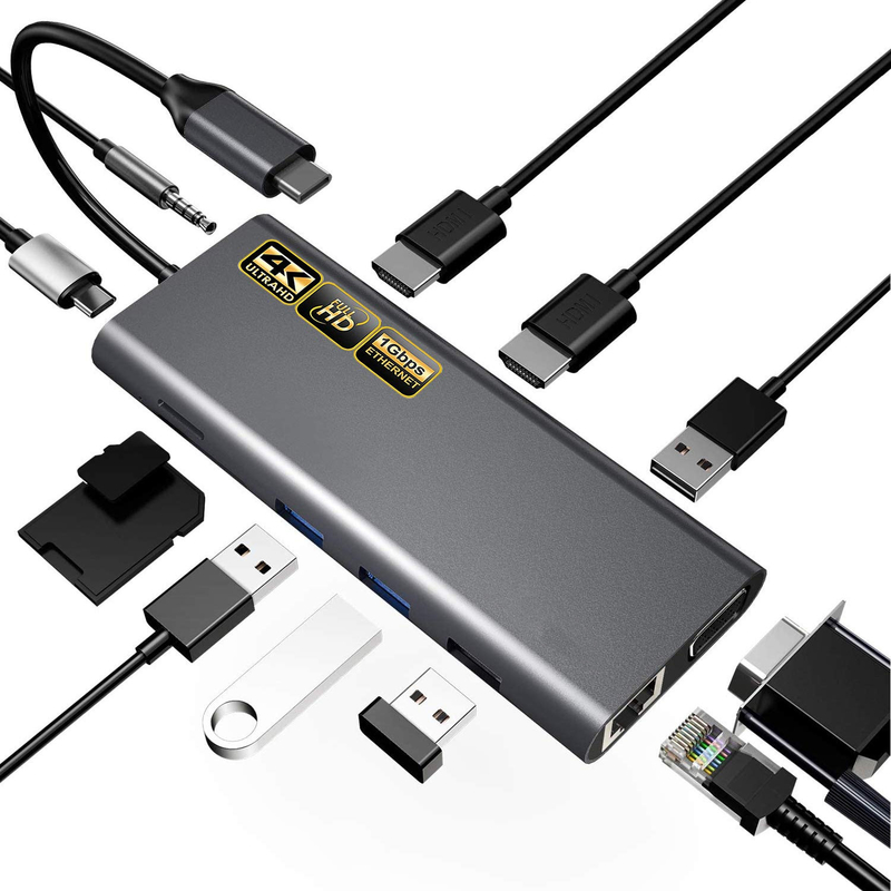 Adaptateur USB C 13 en 1 4K HDMI Hub Type C à HDMI 4K Convertisseur de charge USB 3.0 2.0 PD