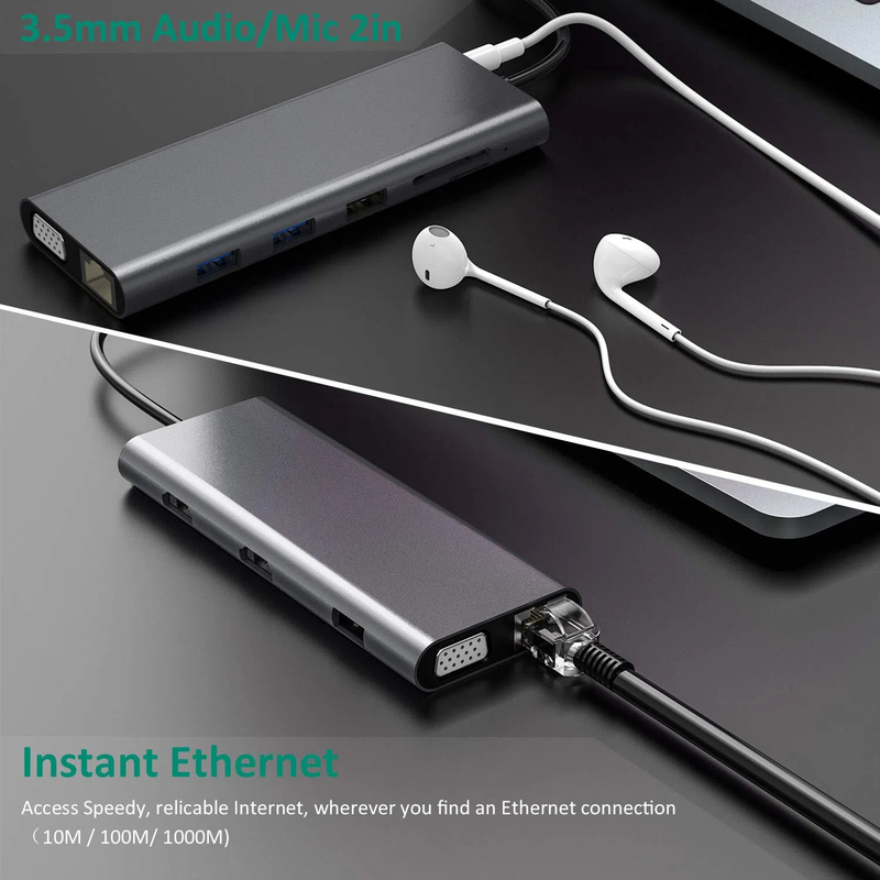 14 en 1 USB C Hub Docking Type C Hub USB Type C HDMI 2 Station d'accueil à triple écran VGA 4K