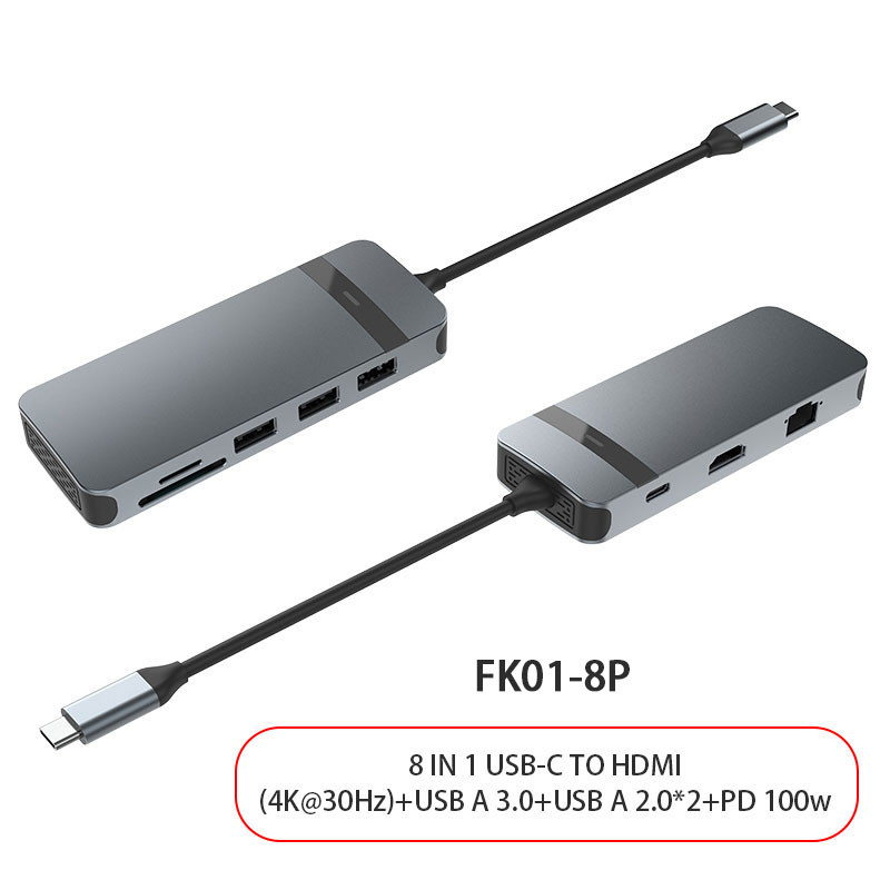 Adaptateur USB C 8 en 1 Dongle 4K HDMI VGA Type C PD USB3.0 RJ45 Ethernet SD/TF