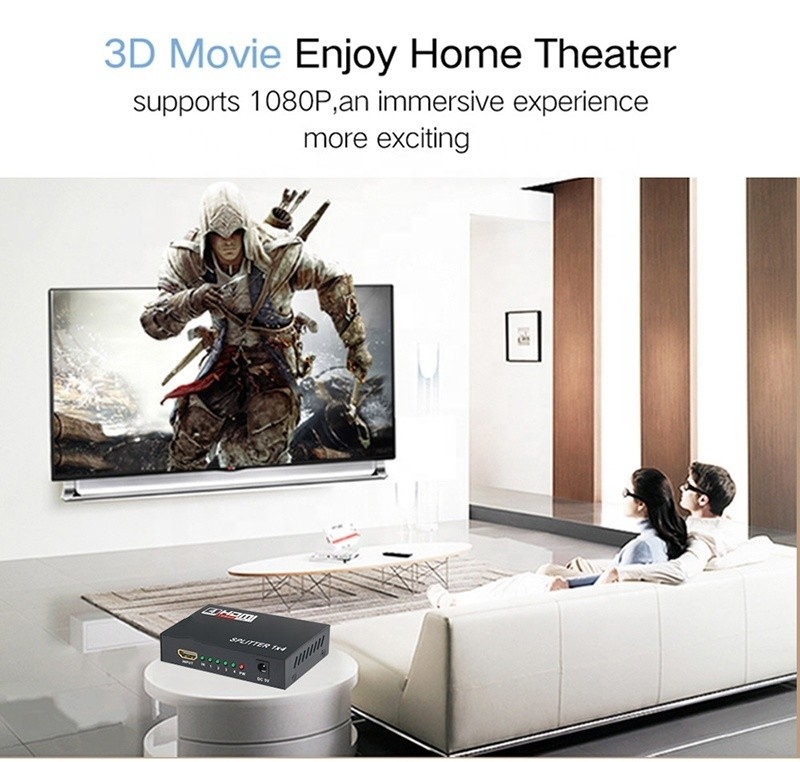 Splitter HDMI professionnel 1x4 Full HD 3D 1080P 4 ports Convertisseur pour télévision féminin-féminin