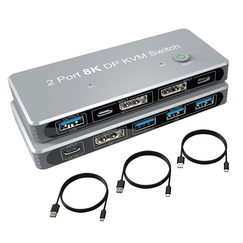 Port d'affichage à 2 ports et commutateur USB KVM 4K 144Hz 8K 60Hz 1.4 avec interface USB 1.4 DP