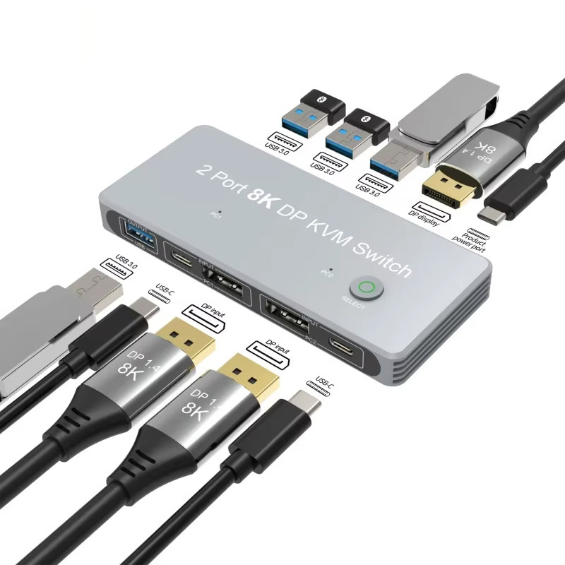Port d'affichage à 2 ports et commutateur USB KVM 4K 144Hz 8K 60Hz 1.4 avec interface USB 1.4 DP