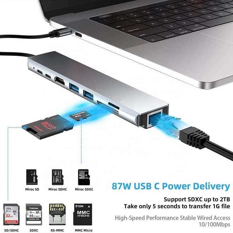 Adaptateur multiport polyvalent 8 en 1 USB type C Hub pour le multitâche et le transfert de données