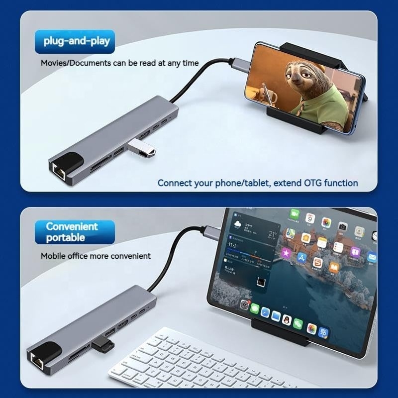 Adaptateur multiport polyvalent 8 en 1 USB type C Hub pour le multitâche et le transfert de données