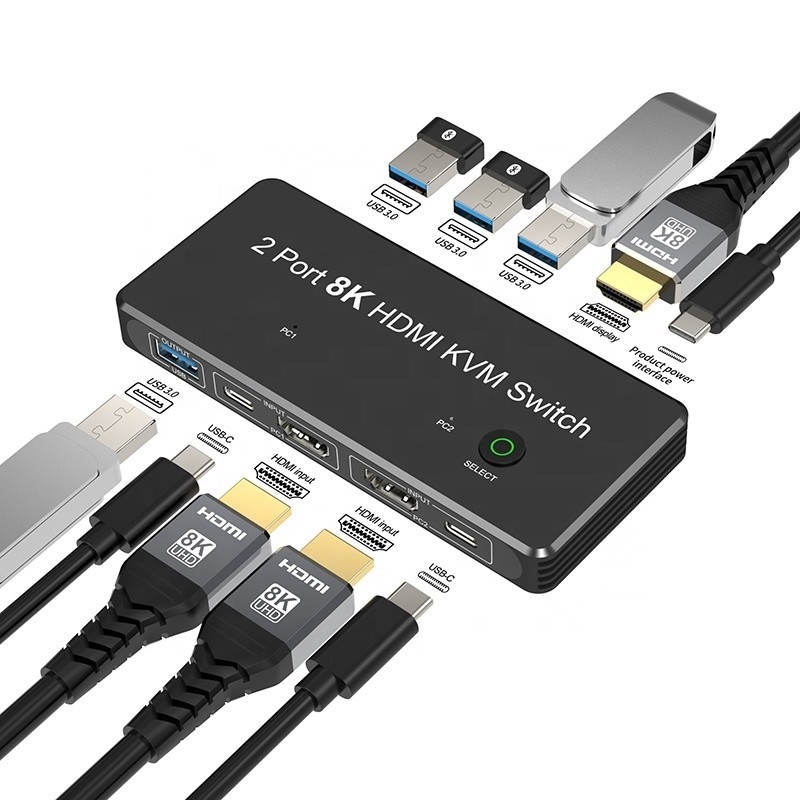 2 ports HDMI 2.1 Commutateur KVM avec USB 3.0 2 Entrée 1 Sortie Indicateurs LED Femme-Femme