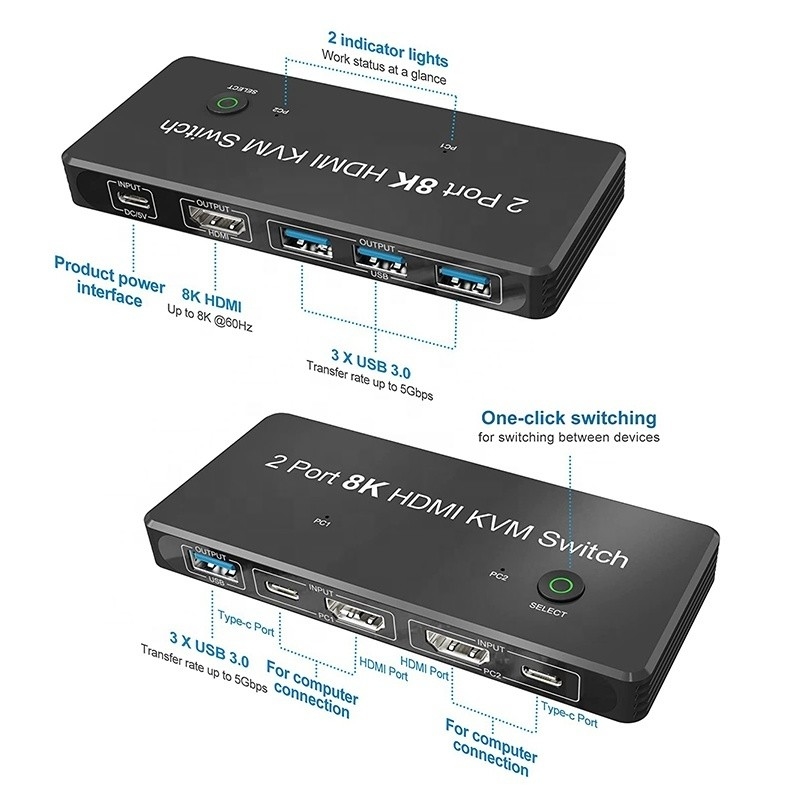 2 ports HDMI 2.1 Commutateur KVM avec USB 3.0 2 Entrée 1 Sortie Indicateurs LED Femme-Femme