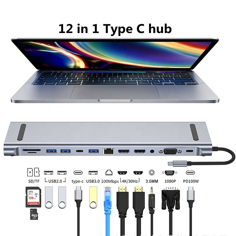 Station d'accueil USB-C de type C 12 en 1 pour le transfert de données de charge et la fonction de haut-parleur