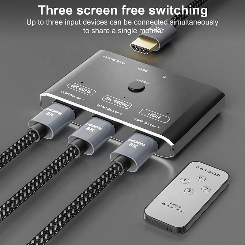 8K 120Hz HDR 3 ports HDMI Commutateur Commutateur 3 en 1 Convertisseur à distance