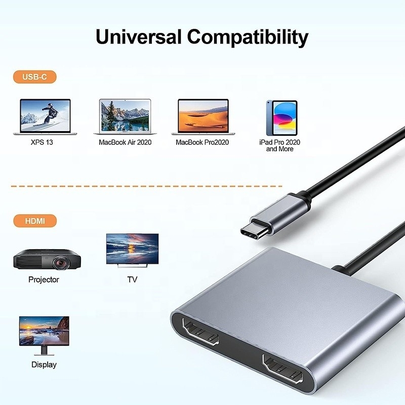 Type C Homme à double HDMI Femme Thunderbolt 3 câble adaptateur multi-moniteur USB-C 4K 30Hz
