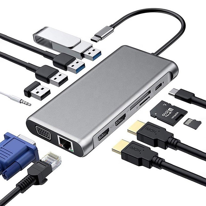 Station d'accueil USB de type C 12 en 1 HDMI 1080P 60Hz 2*HDMI VGA RJ45 4*USB Audio SD/TF PD