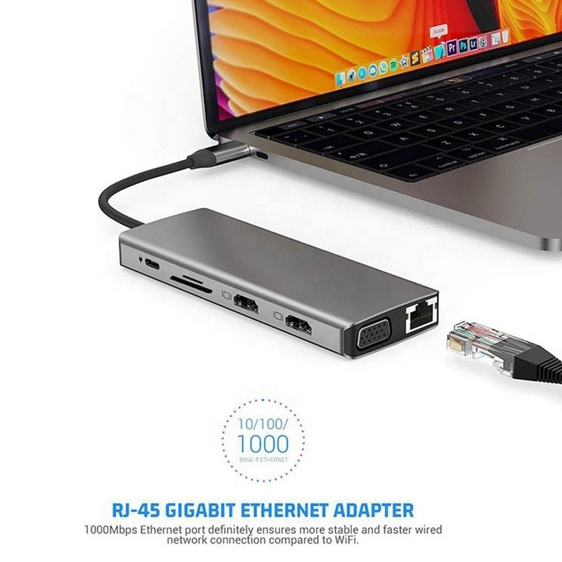 Station d'accueil USB de type C 12 en 1 HDMI 1080P 60Hz 2*HDMI VGA RJ45 4*USB Audio SD/TF PD