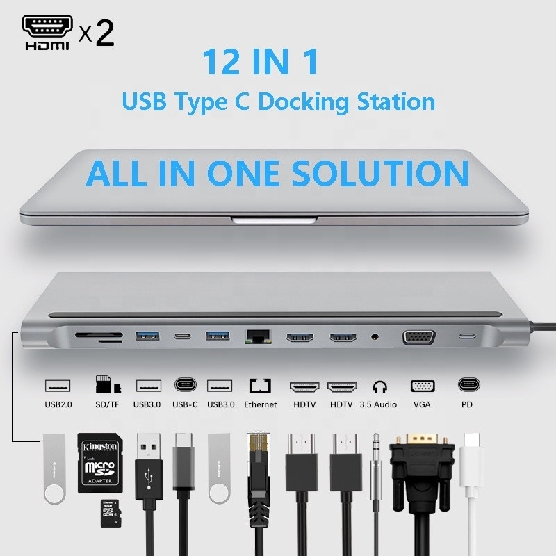 Connectivité améliorée 12 en 1 USB C Type-C Hub Multiport Dock Station avec double HDMI