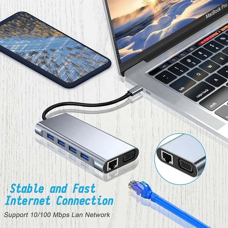 Port USB C multifonctionnel avec lecteur de carte SD Gigabit RJ45 Ethernet TF HDMI VGA USB 3.0