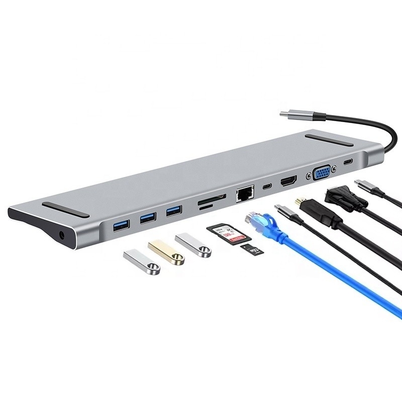 11 en 1 station d'accueil USB C de type C avec VGA Ethernet 3.5 mm Audio TF/SD Card Reader