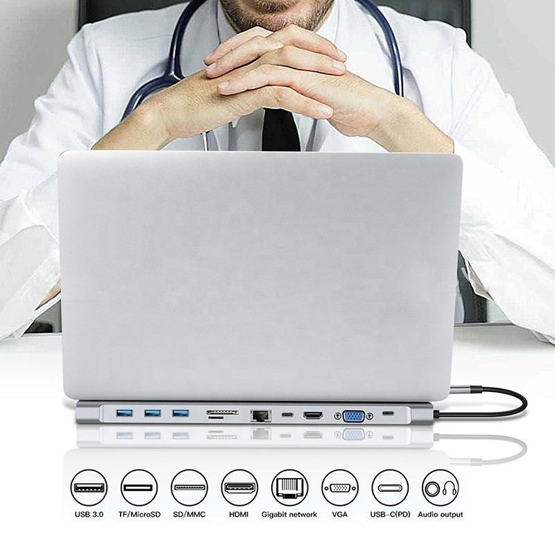 11 en 1 station d'accueil USB C de type C avec VGA Ethernet 3.5 mm Audio TF/SD Card Reader