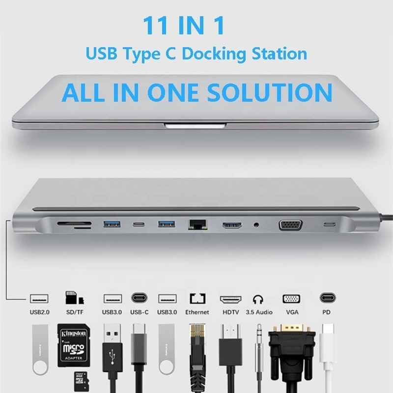 11 en 1 multiport USB C USB-C type-C PD 4K HDTV Hub Adapter Station d'accueil avec RJ45