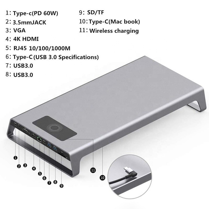 TYPE-C Homme 11 en 1 Hub Adaptateur de station d'accueil pour ordinateur portable avec 1000 Mbps RJ45 et USB-C PD