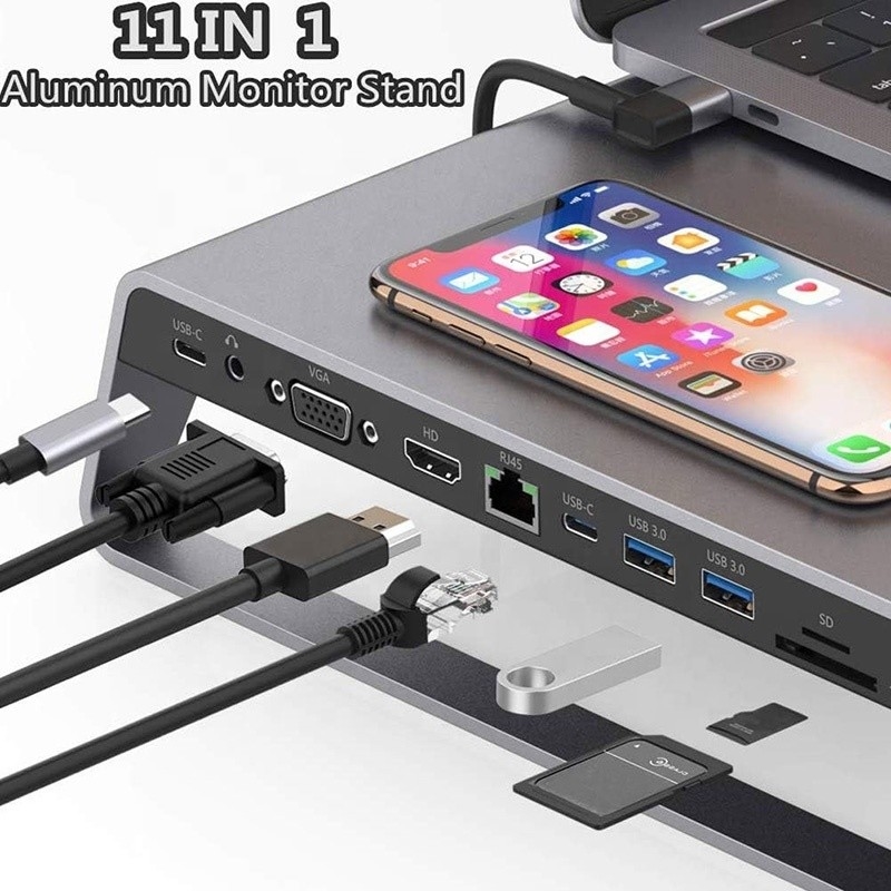 TYPE-C Homme 11 en 1 Hub Adaptateur de station d'accueil pour ordinateur portable avec 1000 Mbps RJ45 et USB-C PD