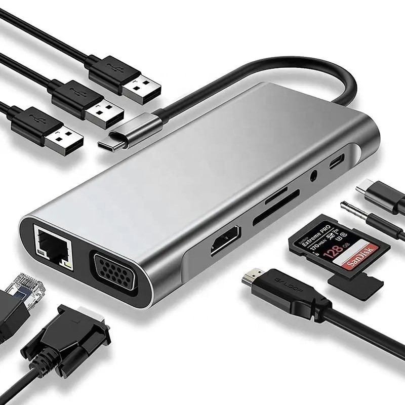 USB C Hub Type-C à USB 3.0 HDMI VGA RJ45 Lan SD TF Audio Adaptateur multiport USB gris