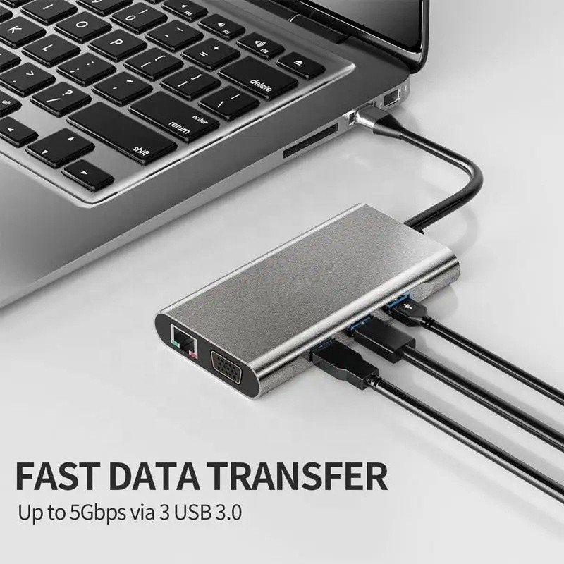 USB C Hub Type-C à USB 3.0 HDMI VGA RJ45 Lan SD TF Audio Adaptateur multiport USB gris