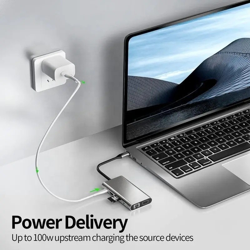 USB C Hub Type-C à USB 3.0 HDMI VGA RJ45 Lan SD TF Audio Adaptateur multiport USB gris