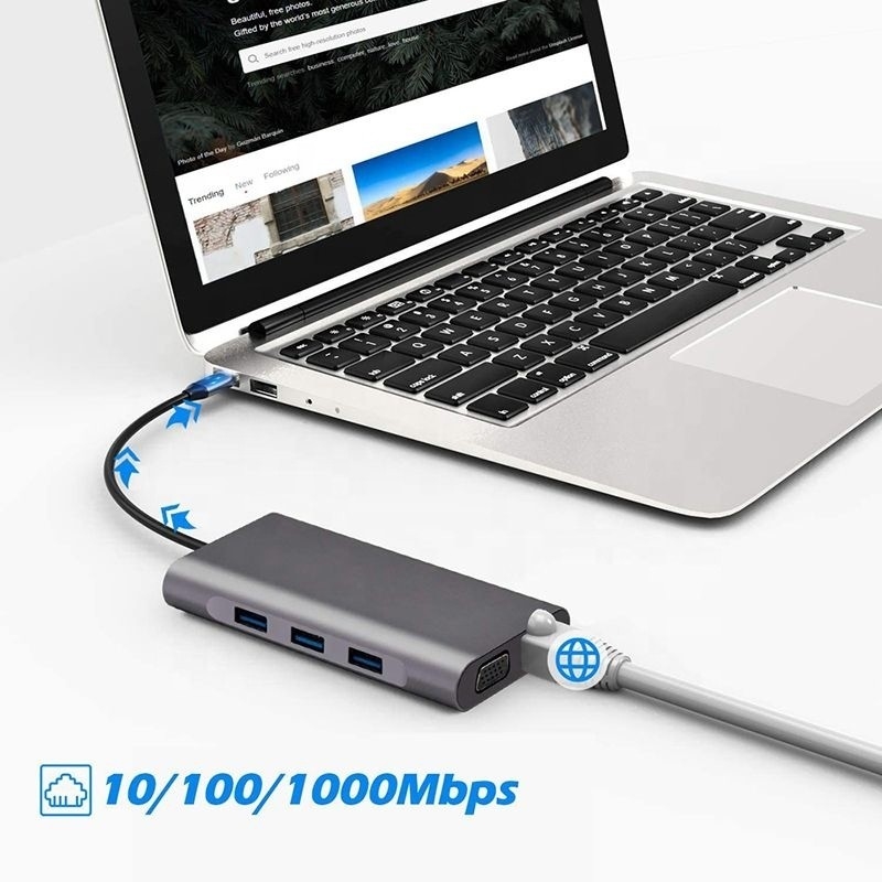 USB C Hub Type-C à USB 3.0 HDMI VGA RJ45 Lan SD TF Audio Adaptateur multiport USB gris