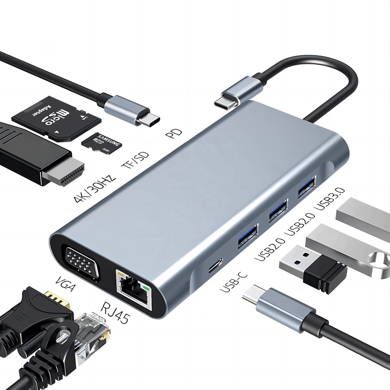 Station d'accueil USB C de type C 10 en 1 avec 4K HDTV VGA Lan RJ45 USB3.0 lecteur de carte PD