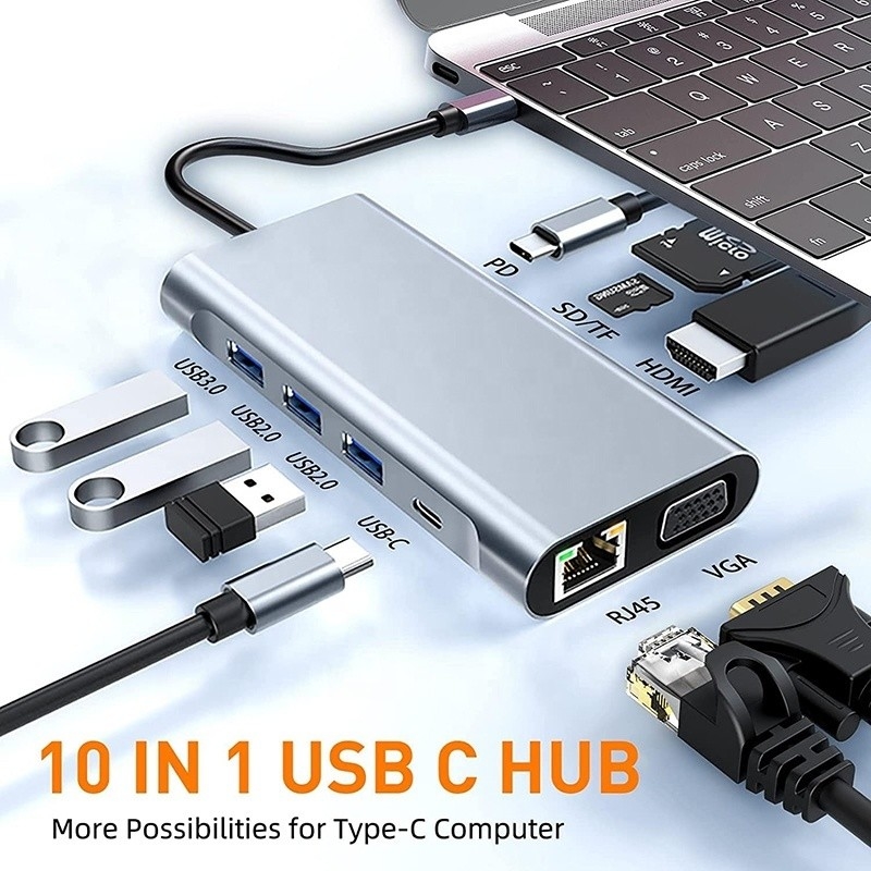 Station d'accueil USB C de type C 10 en 1 avec 4K HDTV VGA Lan RJ45 USB3.0 lecteur de carte PD
