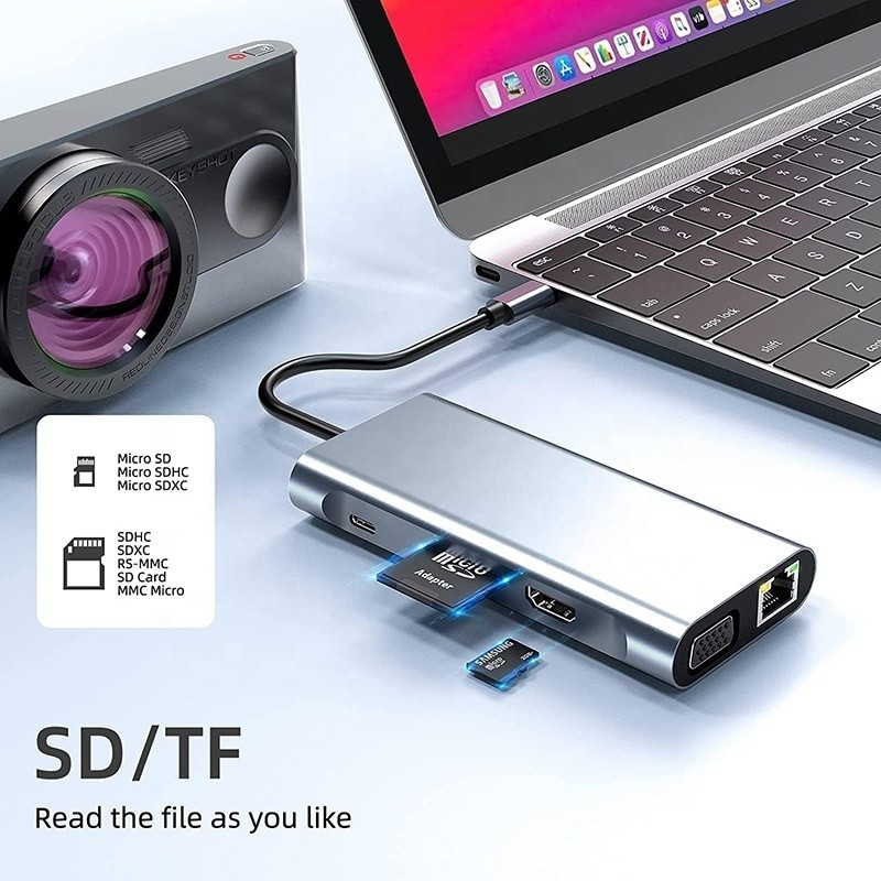 Station d'accueil USB C de type C 10 en 1 avec 4K HDTV VGA Lan RJ45 USB3.0 lecteur de carte PD