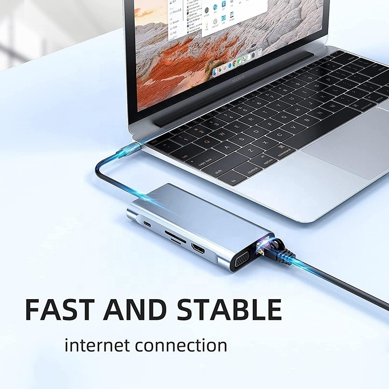 Station d'accueil USB C de type C 10 en 1 avec 4K HDTV VGA Lan RJ45 USB3.0 lecteur de carte PD