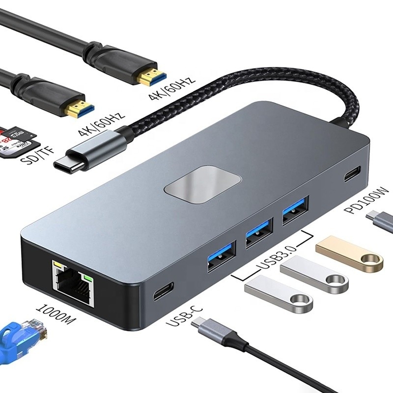 10 en 1 USB C Hub à double HDMI 4K 60Hz Adapteur Dock avec USB 3.0 Ethernet RJ45 1000Mbps