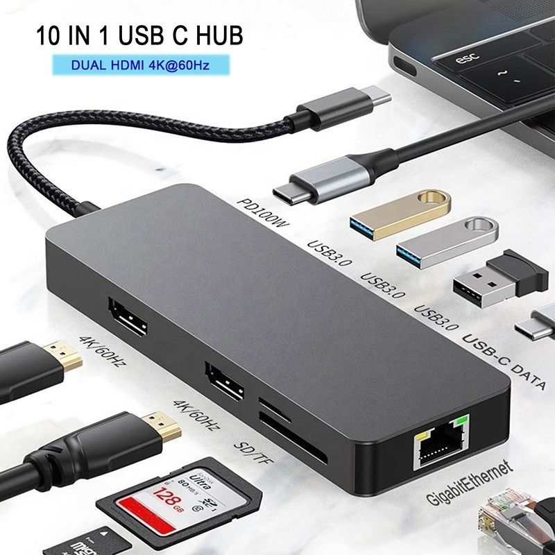 Hub USB C 10 en 1 vers double station d'accueil adaptateur 4K 60 Hz avec USB 3.0 Ethernet RJ45 1000 Mbps