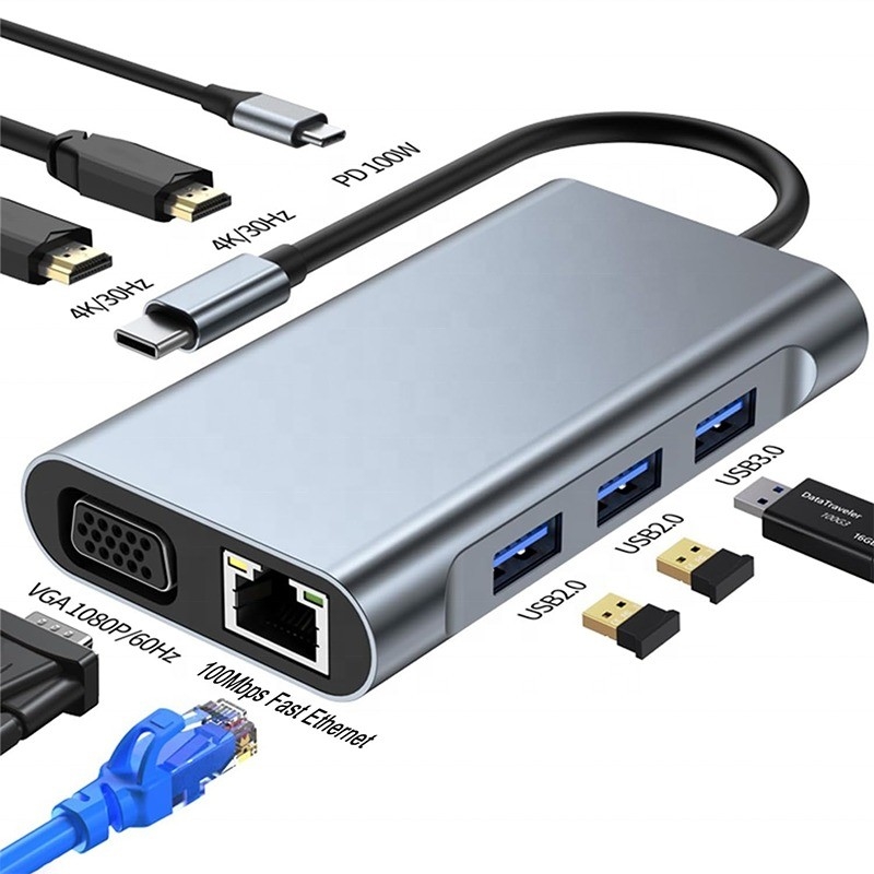 Station d'accueil USB-C multi-fonction 8-en-1 avec deux ports HDMI 4K et 2 ports HDMI